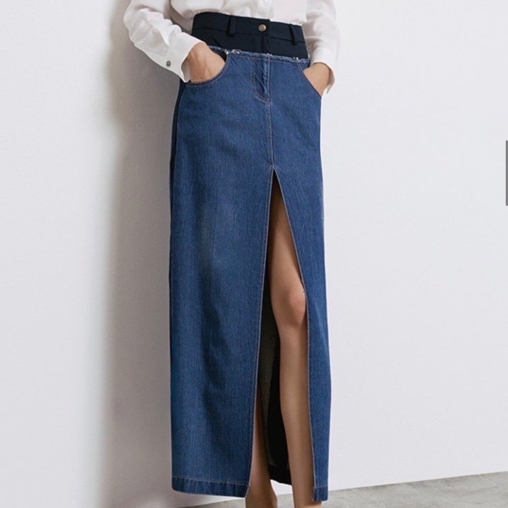 Akira Mixed Media Denim Maxi Skirt Blue Black High Slit Plus Size 1X